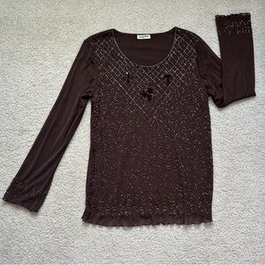 Italy Vintage 90s/Y2K Brown Beaded Mesh Long Sleeve Top Fairycore Glam Grunge